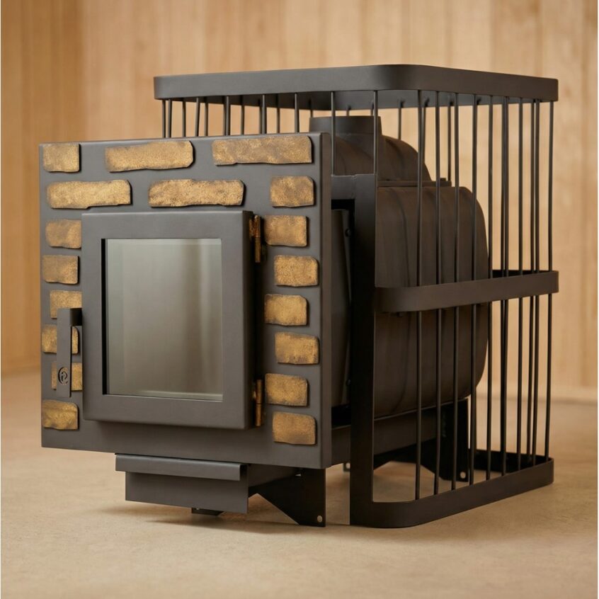 Печь банная ComfortProm ЧУГУН ПРЕМИУМ, для парной до 26 кубов, вес 85 кг, длина дров до 50 см, на 160 кг камней, дверь со стеклом декор