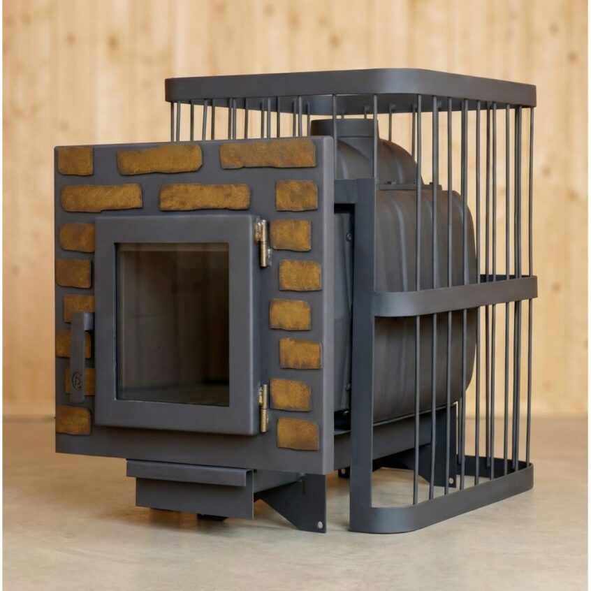 Печь банная ComfortProm ЧУГУН, для парной до 20 кубов, вес 74 кг, длина дров до 40 см, на 130 кг камней, дверь со стеклом декор