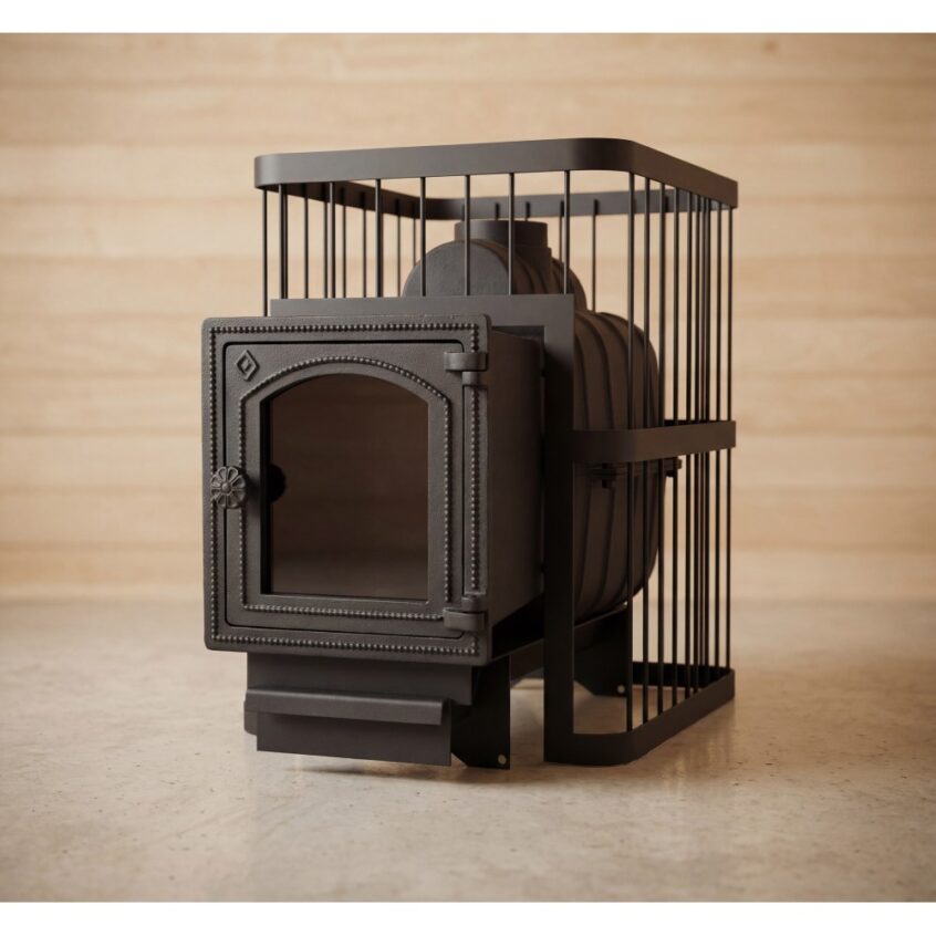 Печь банная ComfortProm ЧУГУН ПРЕМИУМ, для парной до 26 кубов, вес 83 кг, длина дров до 50 см, на 160 кг камней, чугунная дверь со стеклом