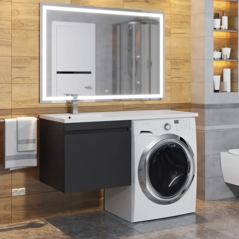Тумба под стиральную машину с раковиной Uperwood Magenta 60/120 см, подвесная, черная, выдвижной ящик, левая 51930205155