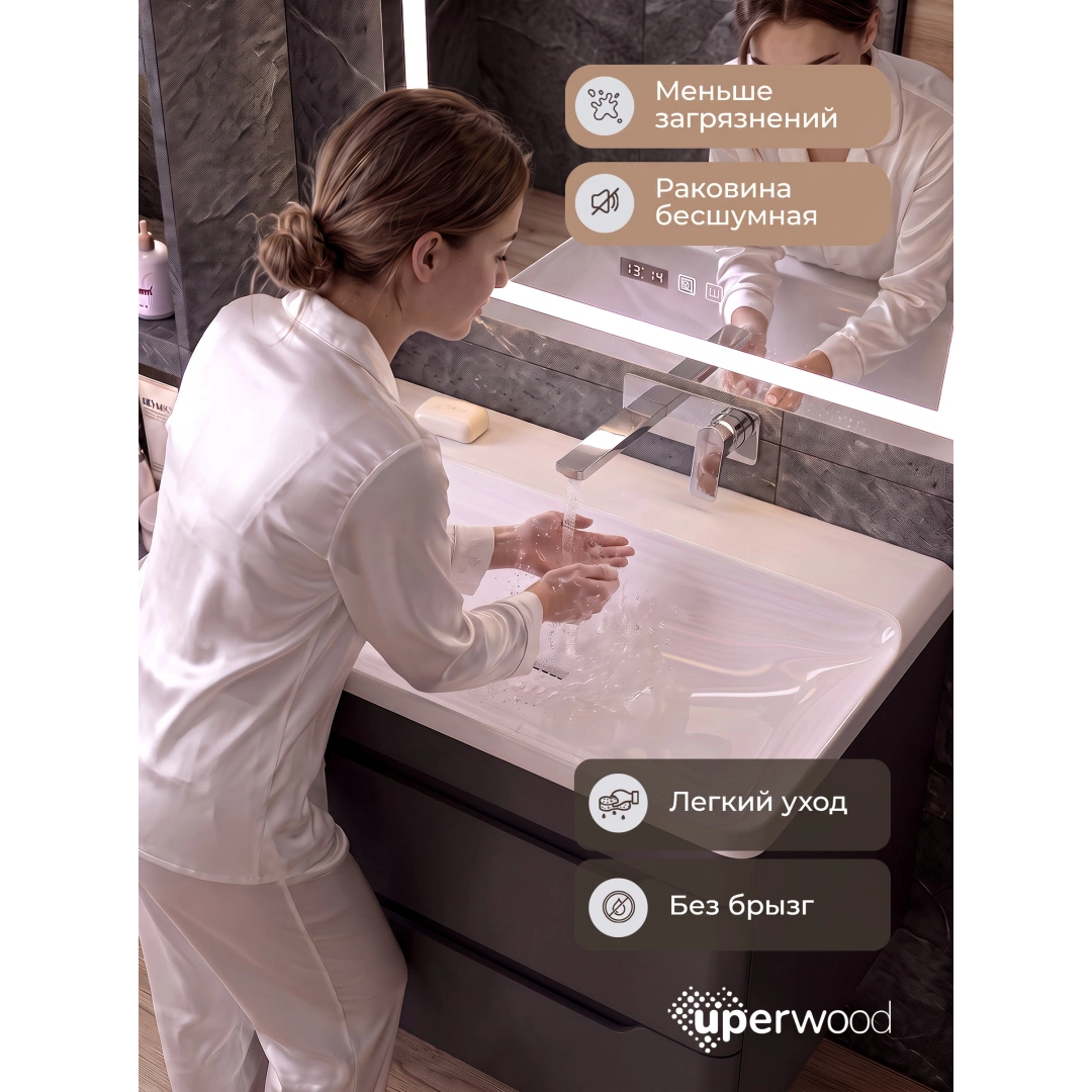 Раковина для ванной комнаты Uperwood Ocean 80 см, без отверстия для смесителя, белая глянцевая ROcean80wg0 — изображение 7