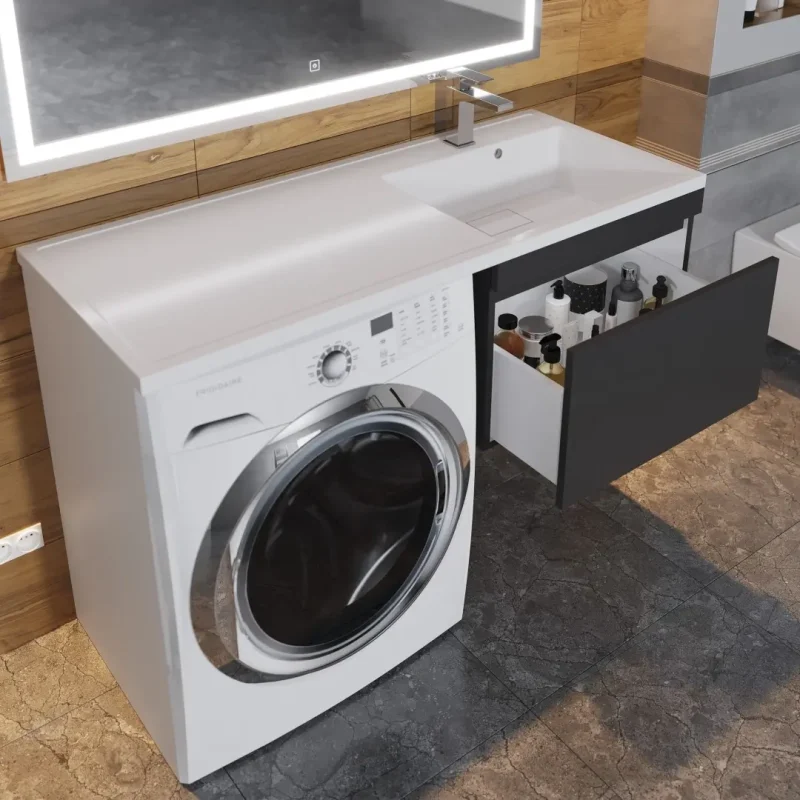 Тумба под стиральную машину с раковиной Uperwood Magenta 60/120 см, подвесная, черная, выдвижной ящик, правая 52930205155