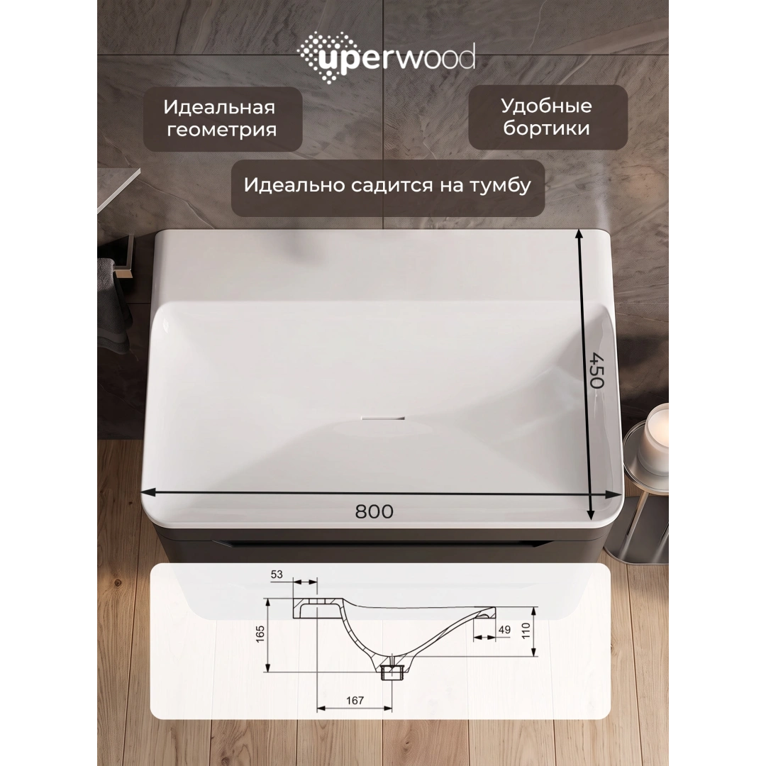 Раковина для ванной комнаты Uperwood Ocean 80 см, без отверстия для смесителя, белая глянцевая ROcean80wg0 — изображение 6