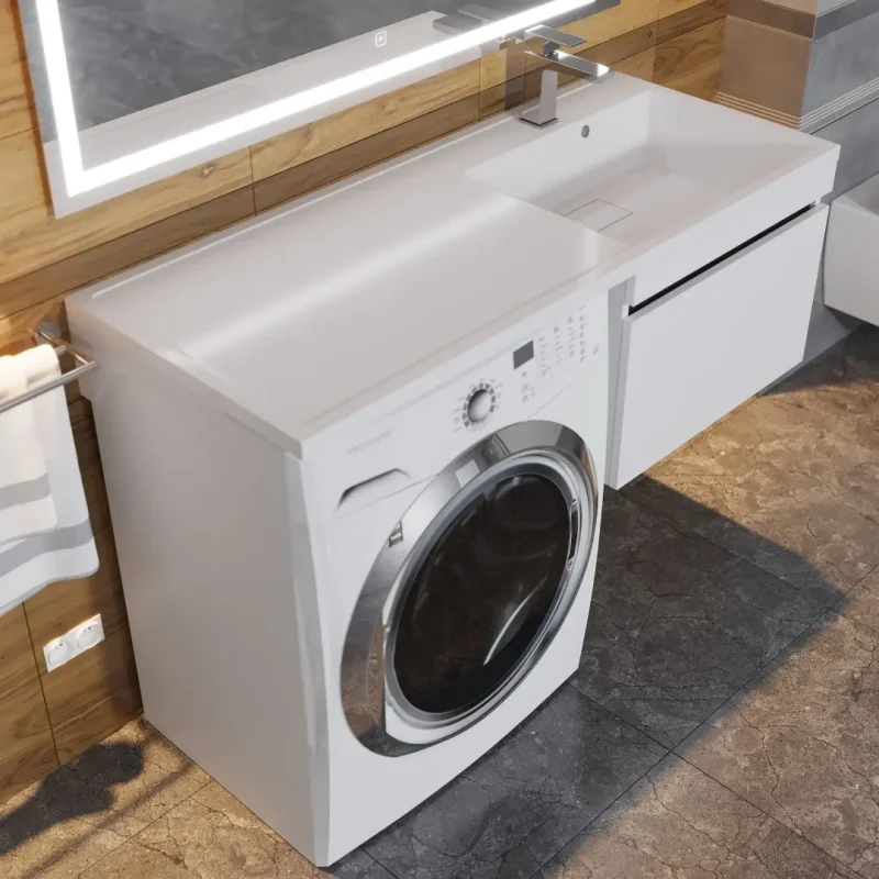 Тумба под стиральную машину с раковиной Uperwood Magenta 60/120 см, подвесная, белая/графит, выдвижной ящик, правая 52930205154