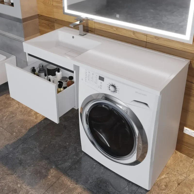 Тумба под стиральную машину с раковиной Uperwood Magenta 60/120 см, подвесная, белая/графит, выдвижной ящик, левая 51930205154