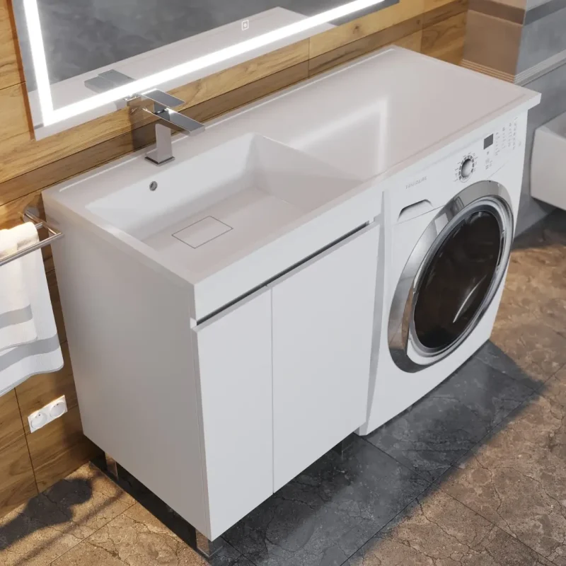 Тумба под стиральную машину с раковиной Uperwood Magenta 60/120 см, напольная, белая/графит, с дверцами, левая 51930205157