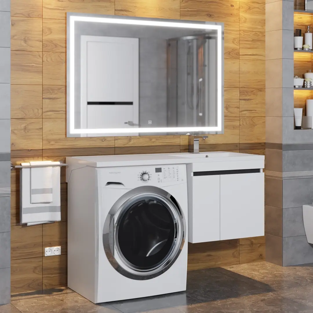 Тумба под стиральную машину с раковиной Uperwood Magenta 60/120 см, подвесная, белая/графит, с дверцами, правая — изображение 4
