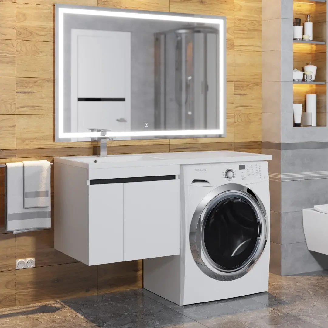 Тумба под стиральную машину с раковиной Uperwood Magenta 60/120 см, подвесная, белая/графит, с дверцами, левая — изображение 2