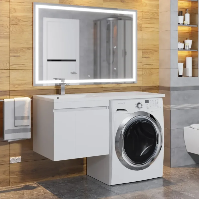 Тумба под стиральную машину с раковиной Uperwood Magenta 60/120 см, подвесная, белая, с дверцами, левая