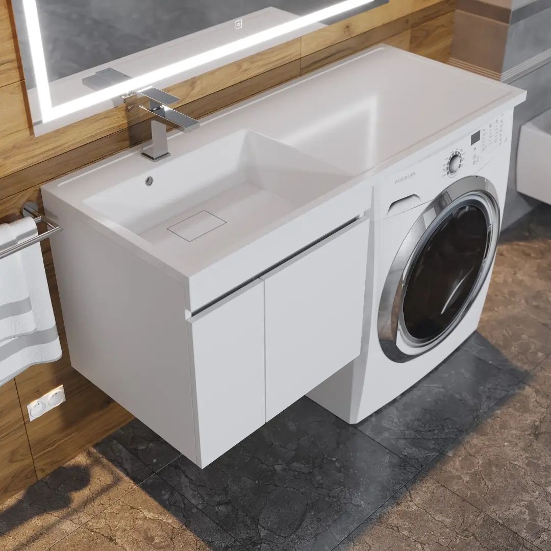 Тумба под стиральную машину с раковиной Uperwood Magenta 60/120 см, подвесная, белая/графит, с дверцами, левая — изображение 9