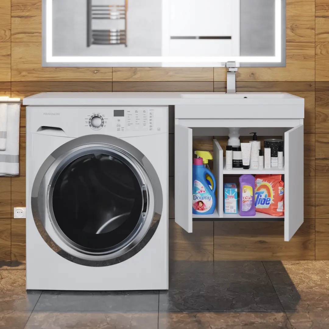 Тумба под стиральную машину с раковиной Uperwood Magenta 60/120 см, подвесная, белая, с дверцами, правая — изображение 7