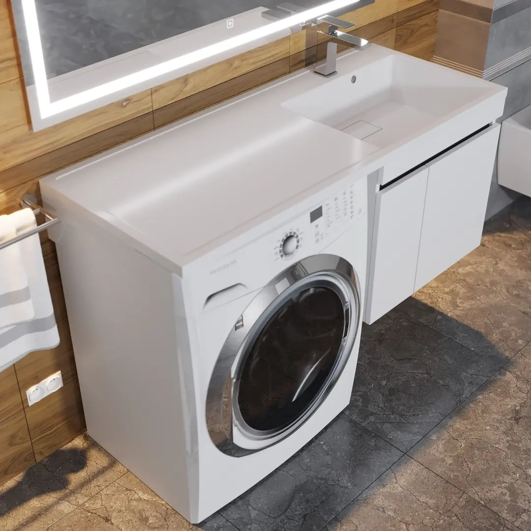 Тумба под стиральную машину с раковиной Uperwood Magenta 60/120 см, подвесная, белая/графит, с дверцами, правая — изображение 8