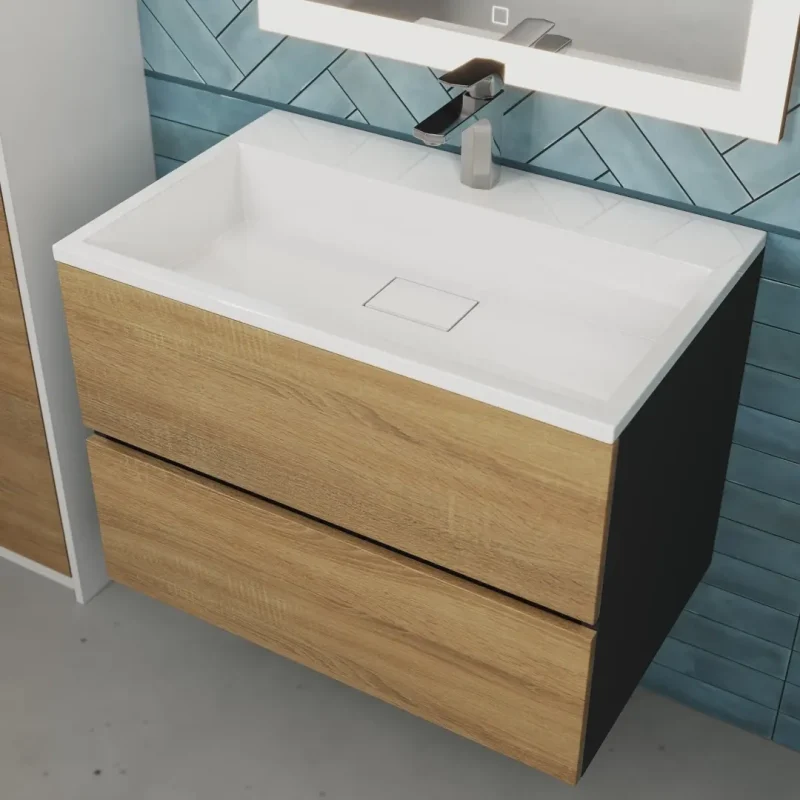 Тумба с раковиной Uperwood Barsa 70 см, раковина белая, подвесная тумба черная/дуб сонома