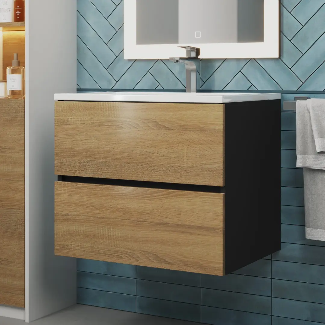 Тумба с раковиной Uperwood Barsa 60 см, раковина белая, подвесная тумба черная/дуб сонома — изображение 4