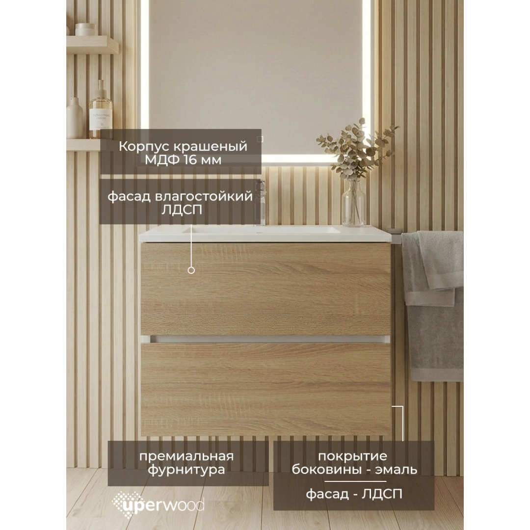 Тумба с раковиной Uperwood Barsa 50 см, раковина белая, подвесная тумба белая/дуб сонома — изображение 4