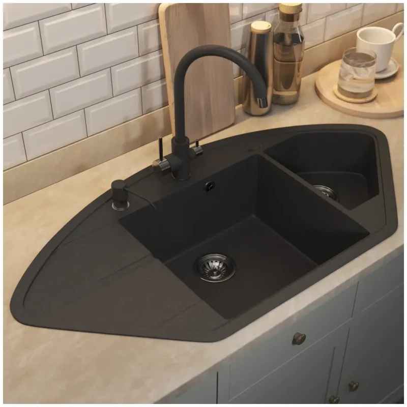 Кухонная мойка кварцевая Uperwood Quartz Premium UPD-06-04, угловая двухсекционная, черная