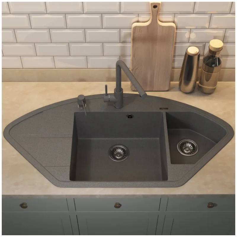 Кухонная мойка кварцевая Uperwood Quartz Premium UPD-06-03, угловая двухсекционная, серая
