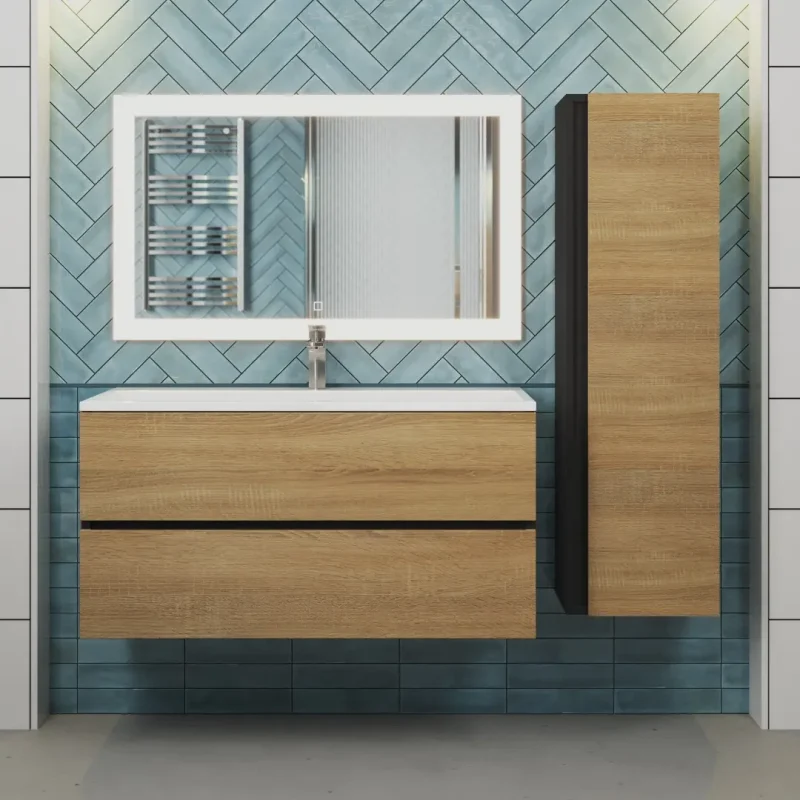 Тумба с раковиной Uperwood Barsa 100 см, раковина белая, подвесная тумба черная/дуб сонома