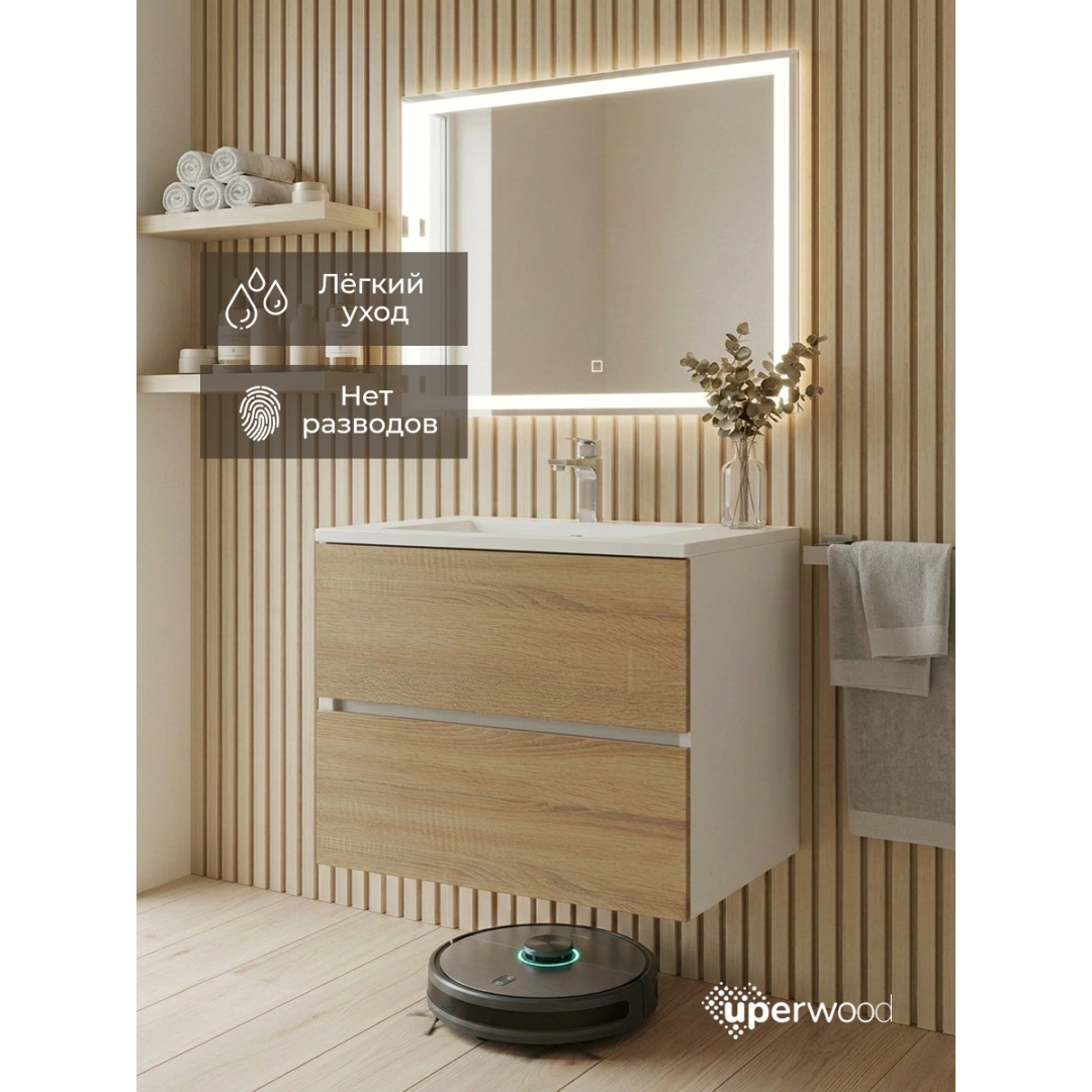 Тумба с раковиной Uperwood Barsa 50 см, раковина белая, подвесная тумба белая/дуб сонома — изображение 5