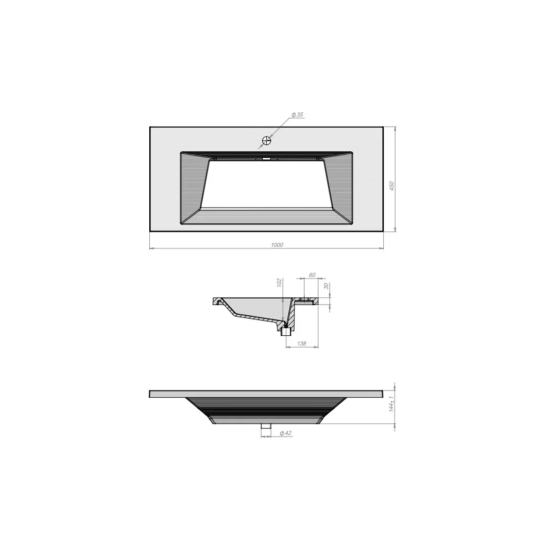 Раковина (умывальник) для ванной 100 см, Uperwood Olivia, с щелевым сливом, белая глянцевая, Без отверстия под смеситель. — изображение 2
