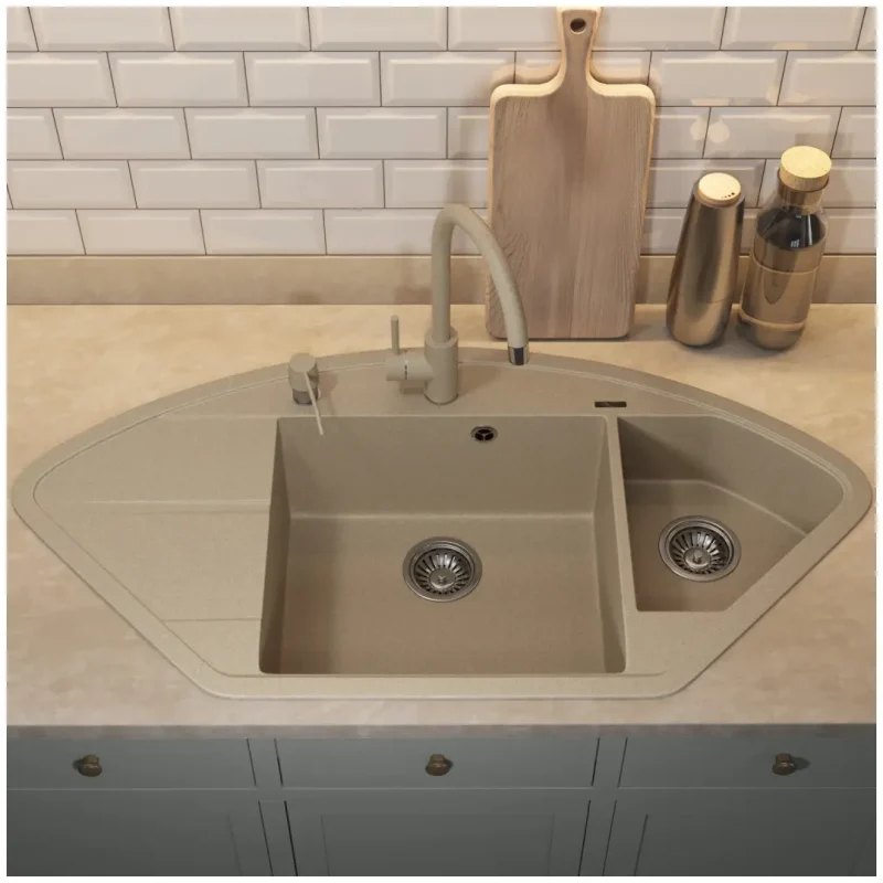 Кухонная мойка кварцевая Uperwood Quartz Premium UPD-06-02, угловая двухсекционная, бежевая