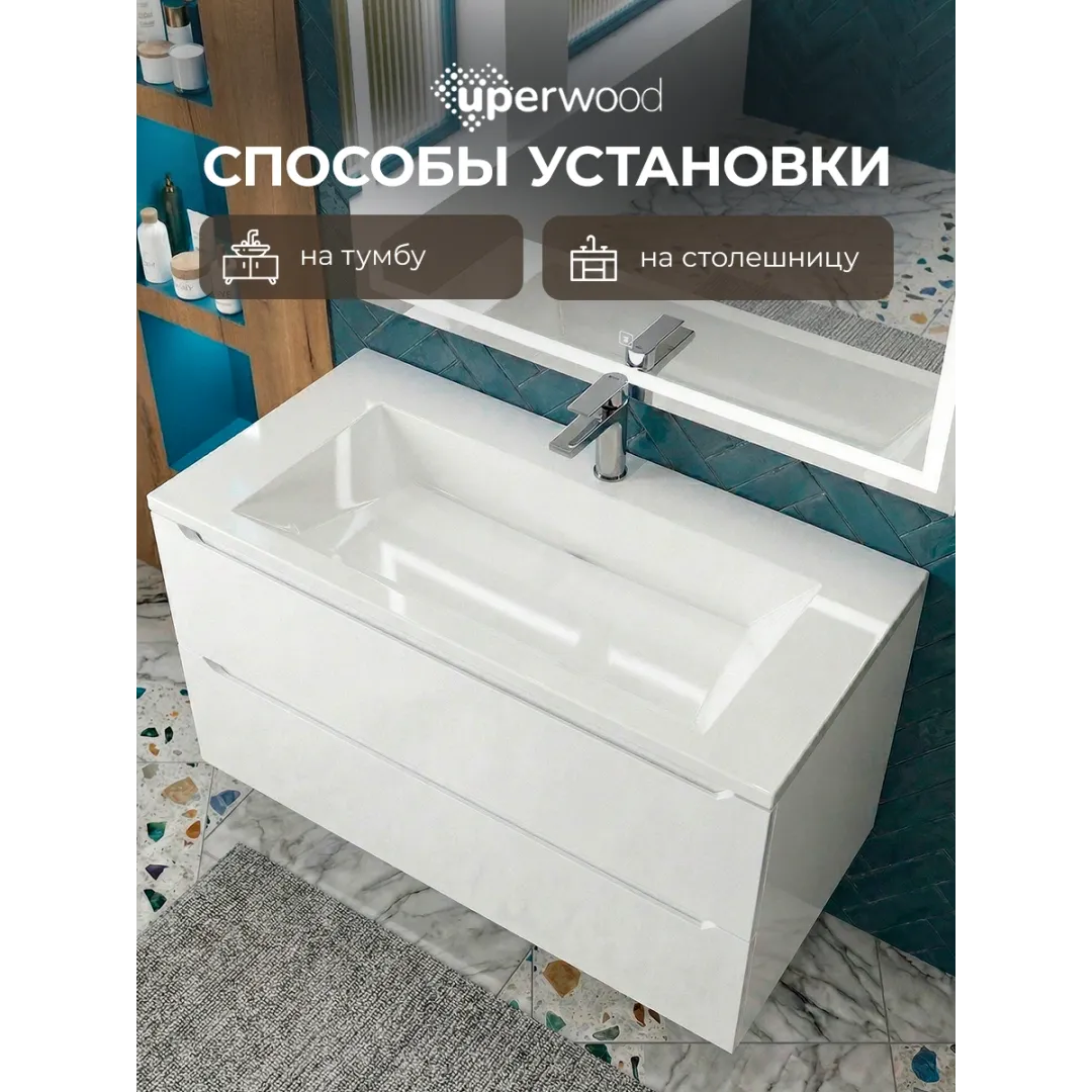 Раковина для ванной 100 см, Uperwood Olivia, с щелевым сливом, белая глянцевая — изображение 4