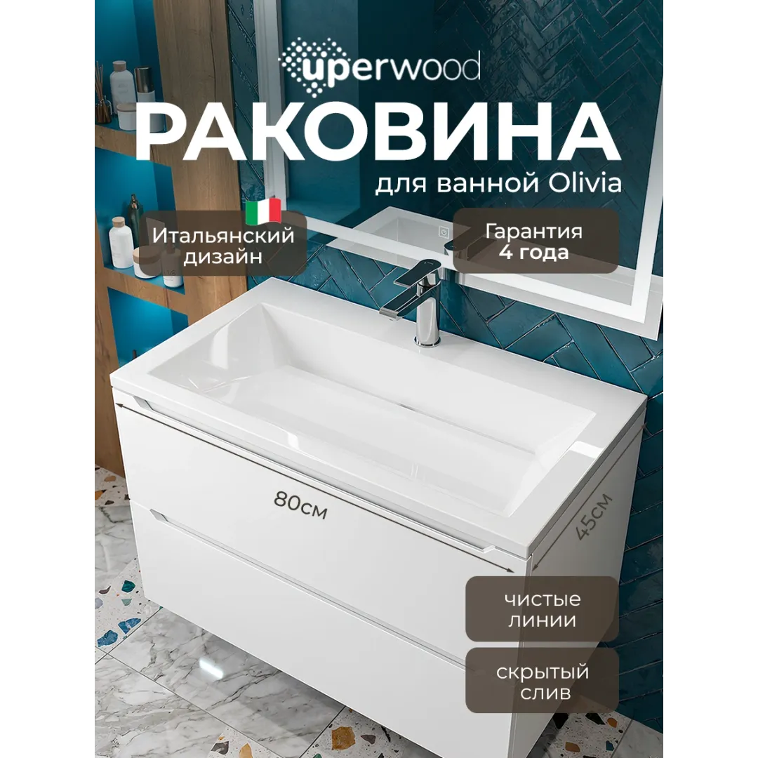 Раковина для ванной 80 см, Uperwood Olivia, с щелевым сливом, белая глянцевая — изображение 4