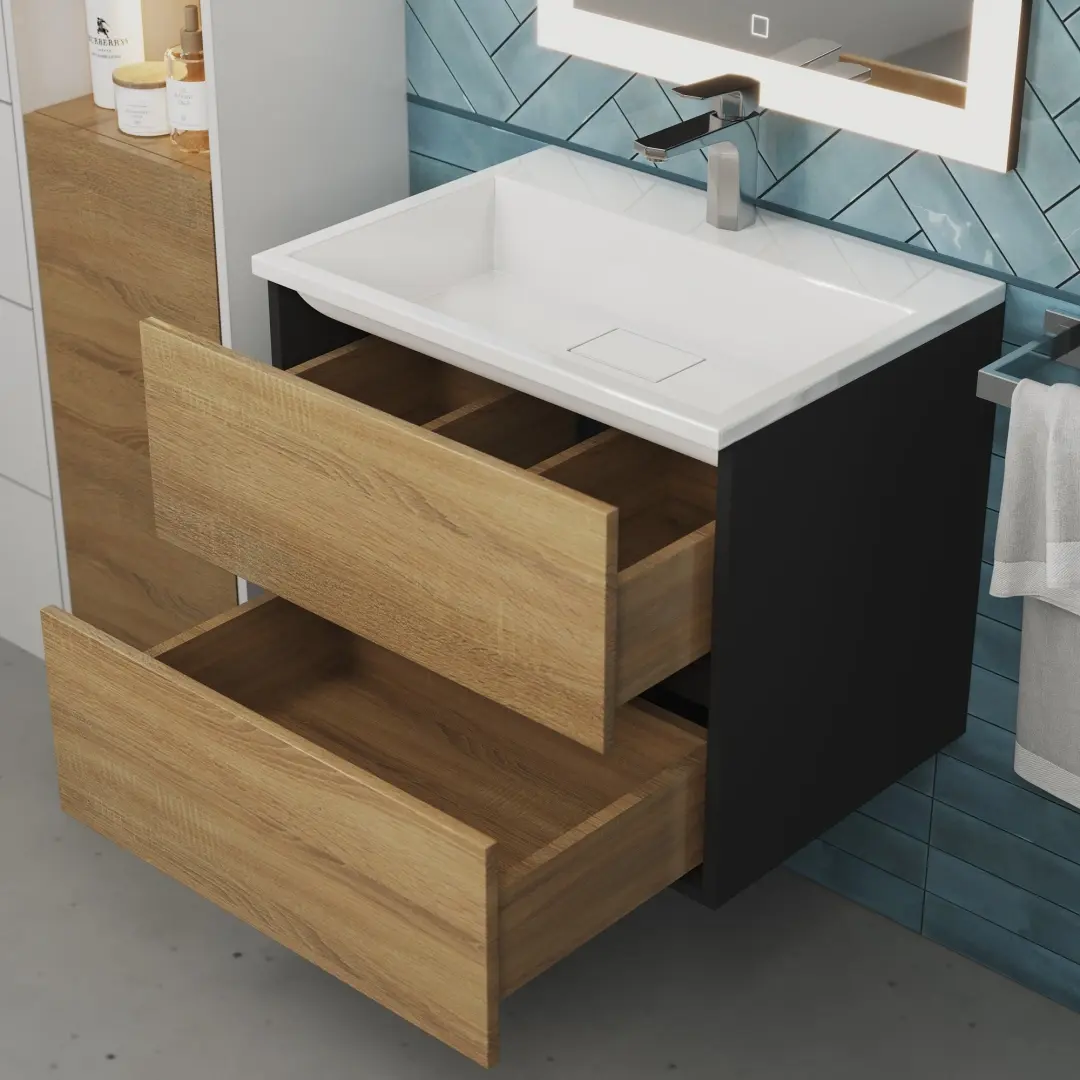 Тумба с раковиной Uperwood Barsa 60 см, раковина белая, подвесная тумба черная/дуб сонома — изображение 3