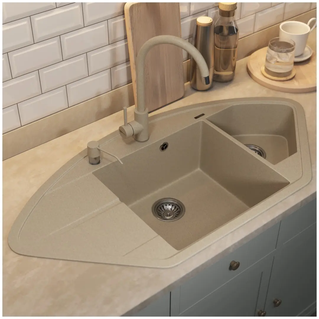 Кухонная мойка кварцевая Uperwood Quartz Premium UPD-06-02, угловая двухсекционная, бежевая — изображение 3