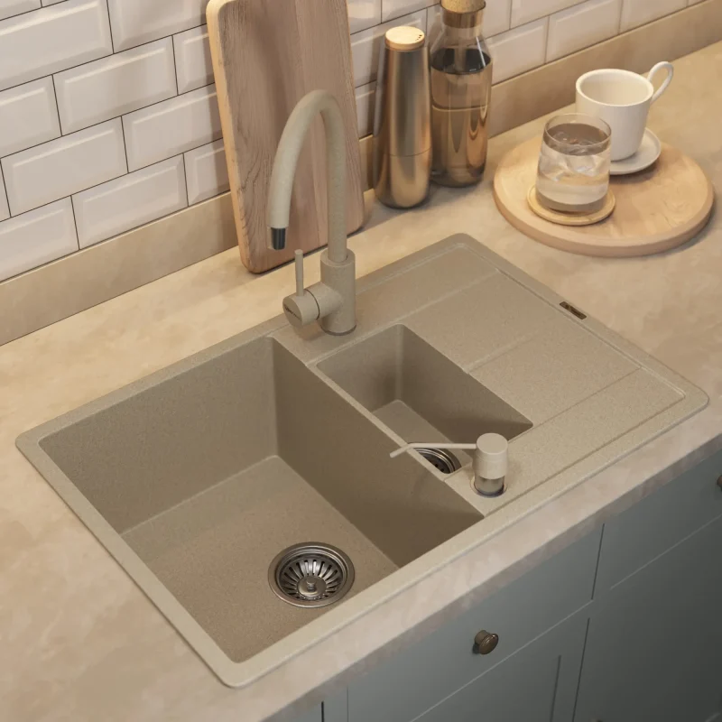 Кухонная мойка кварцевая Uperwood Quartz PremiumUPD-05-02, прямоугольная двухсекционная, бежевая