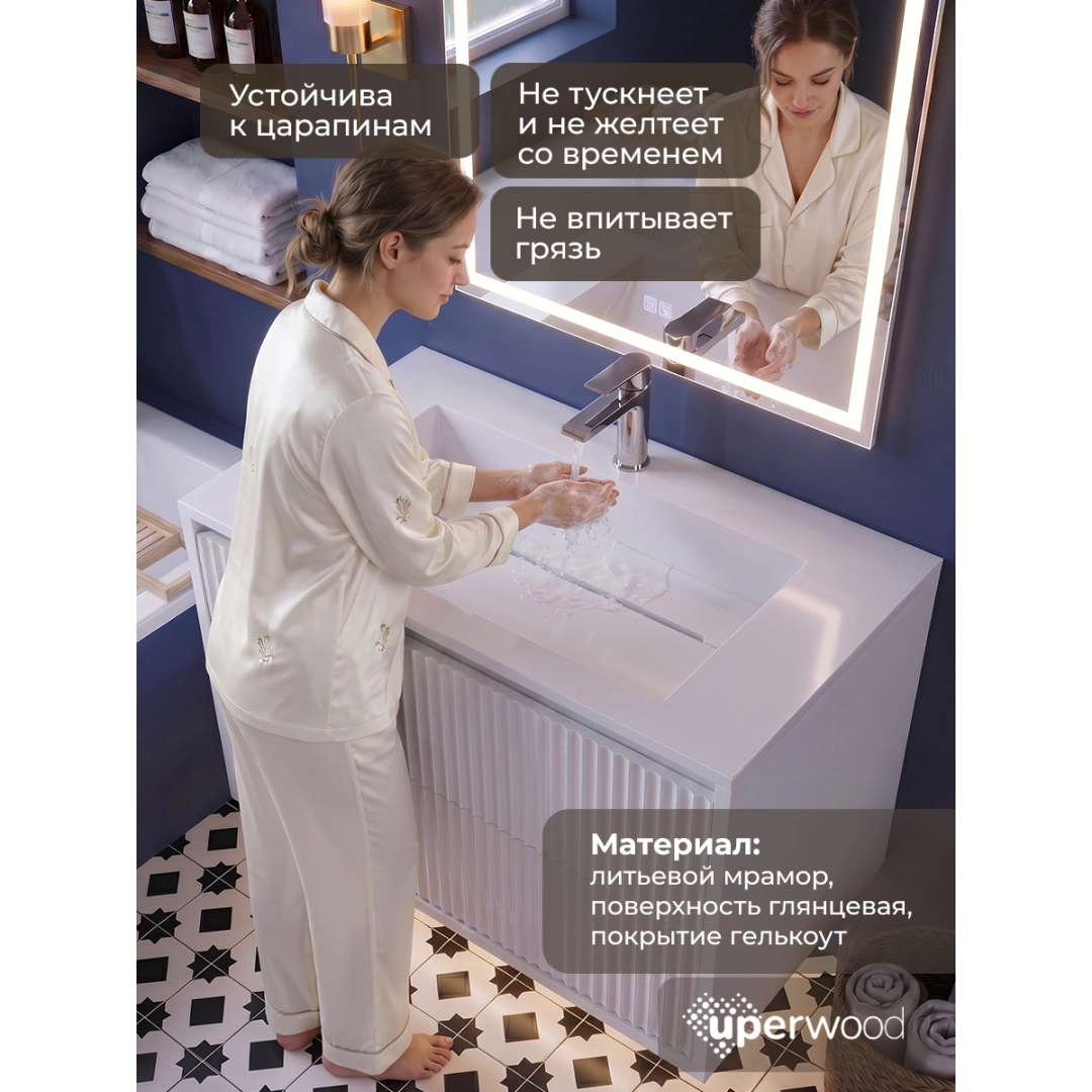 Раковина для ванной полувстраиваемая Uperwood Next Premium 70 см, прямоугольная, белая — изображение 6