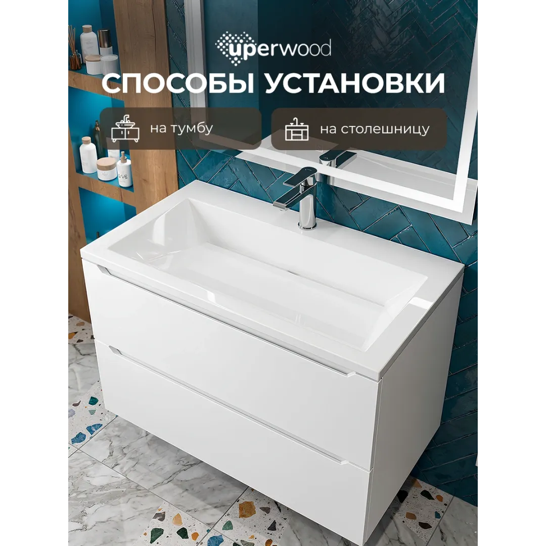 Раковина для ванной 80 см, Uperwood Olivia, с щелевым сливом, белая глянцевая — изображение 6