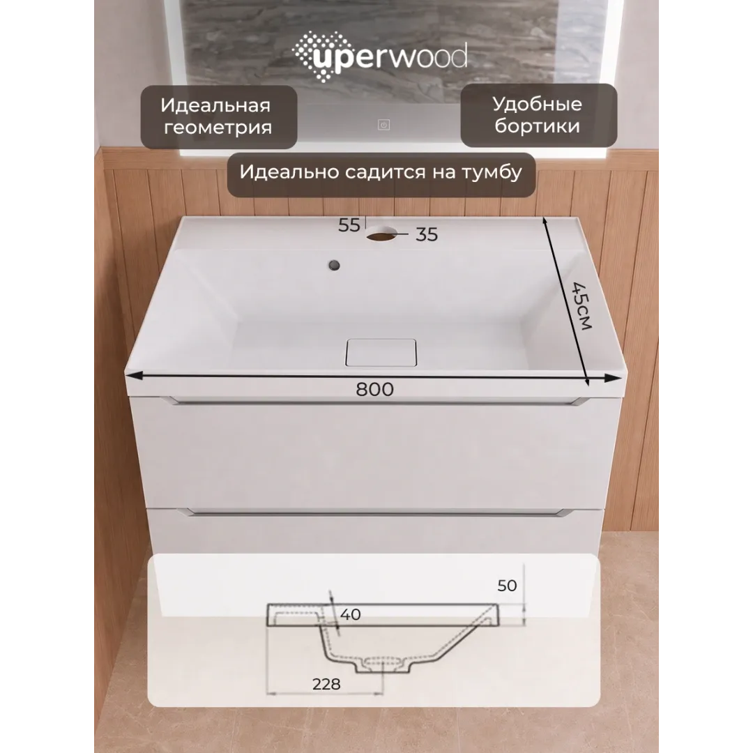 Раковина для ванной 80 см, Uperwood Classic New, белая глянцевая, с накладкой для слива — изображение 4