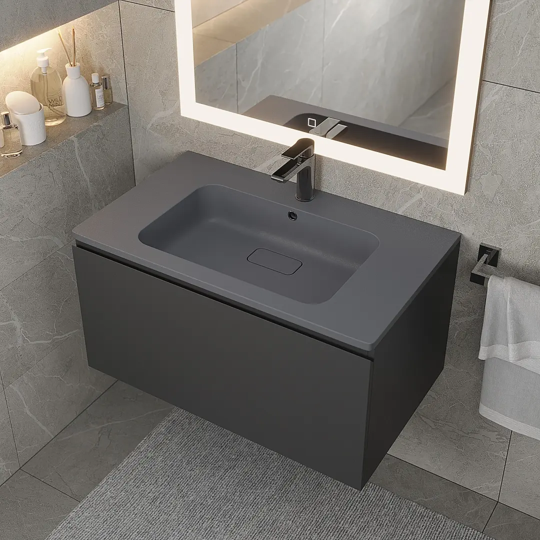 Раковина для ванной кварцевая Uperwood Lagoon Quartz 80х48х14,2 см, серая матовая, серый шелк