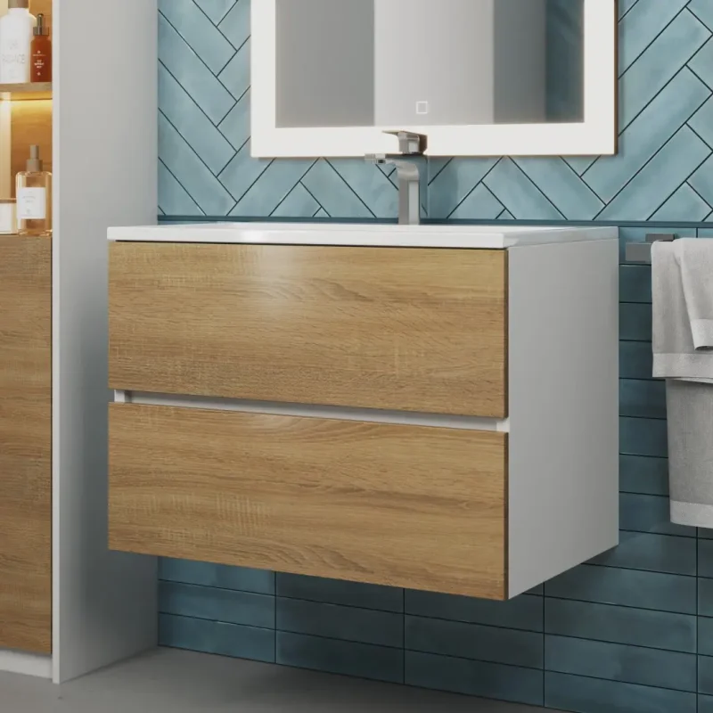 Тумба с раковиной Uperwood Barsa 70 см, раковина белая, подвесная тумба белая/дуб сонома
