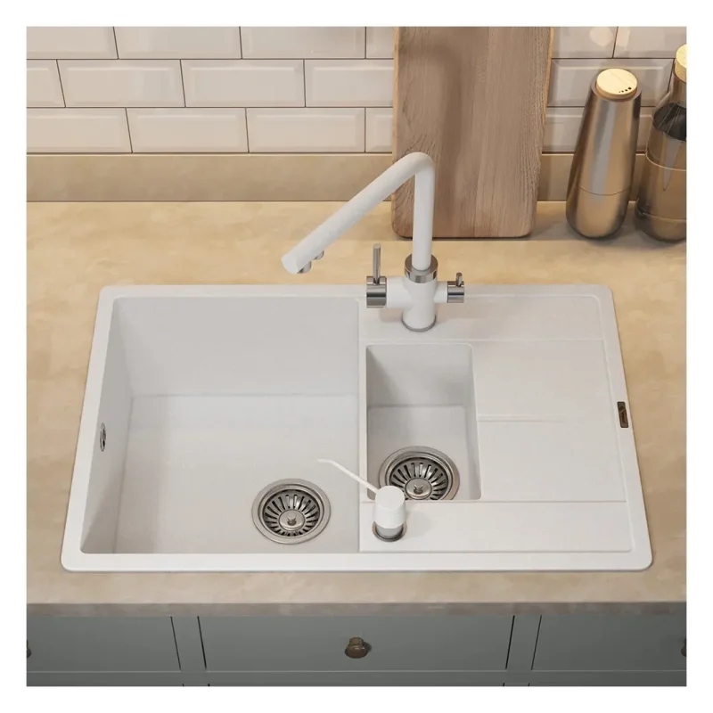Кухонная мойка кварцевая Uperwood Quartz Premium UPD-05-01, прямоугольная двухсекционная, белая