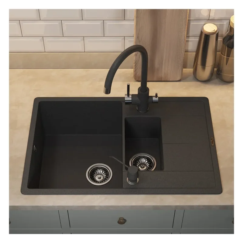Кухонная мойка кварцевая Uperwood Quartz Premium UPD-05-04, прямоугольная двухсекционная, черная