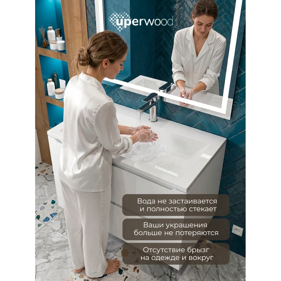 Раковина для ванной 80 см, Uperwood Olivia, с щелевым сливом, белая глянцевая — изображение 7