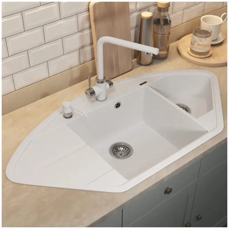 Кухонная мойка кварцевая Uperwood Quartz Premium UPD-06-01, угловая двухсекционная, белая
