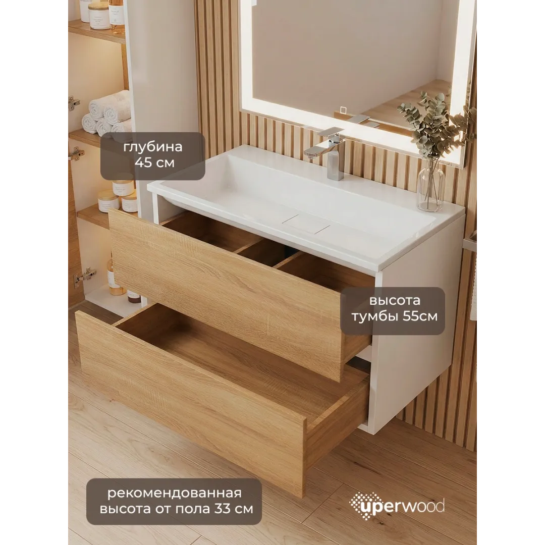 Тумба под раковину для ванной Uperwood Barsa 100 см, подвесная, белая/дуб сонома — изображение 3