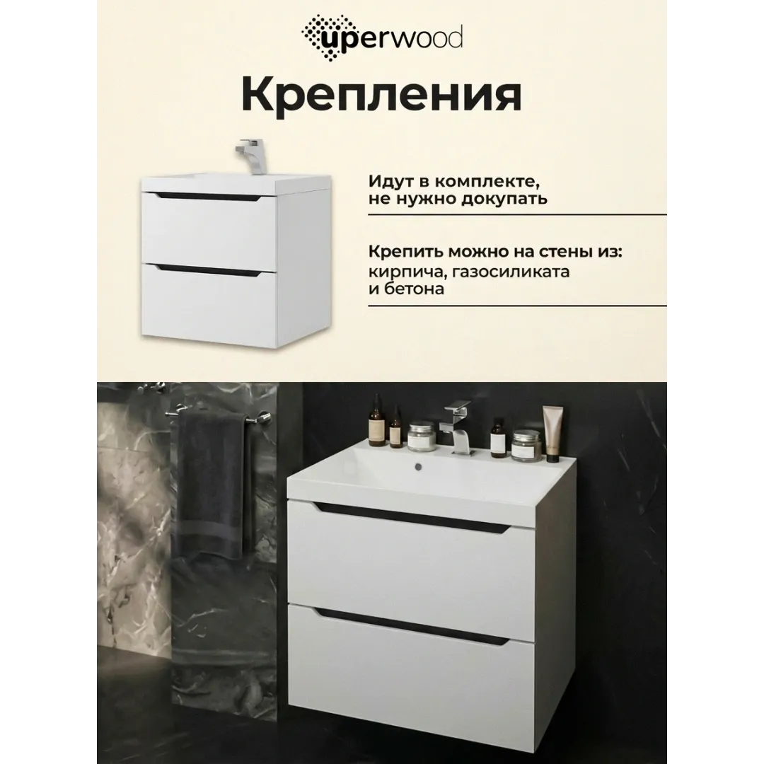 Тумба под раковину для ванной подвесная Uperwood Tanos NEW 50х45х50 см, белая/графит — изображение 7
